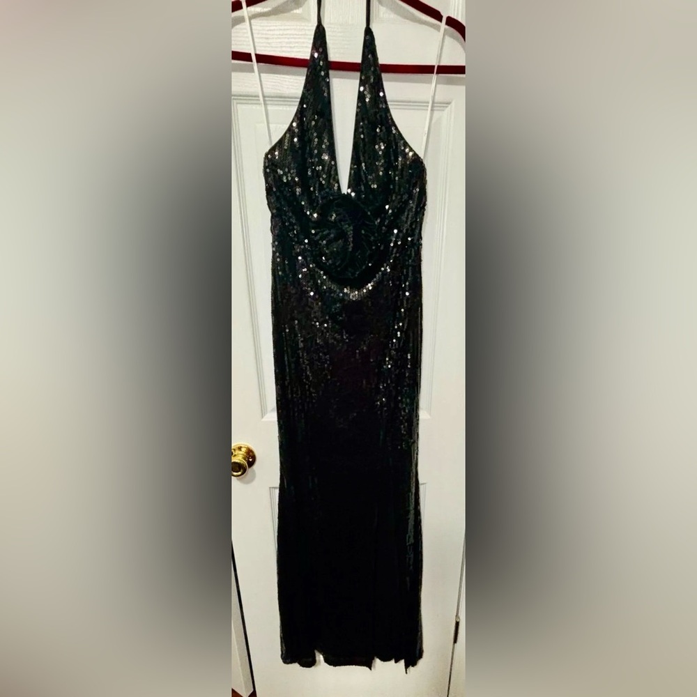 NWT LULUS SZ S Black Sequin Rosette Maxi Dress #22115996